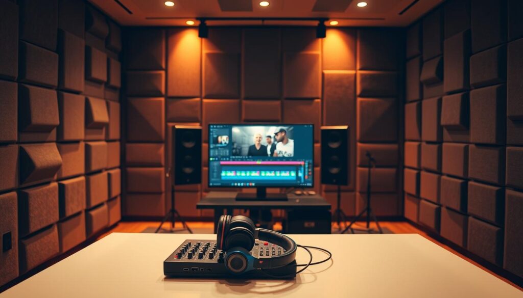 A professional post-production room flooded with warm, diffused lighting. In the foreground, a high-end audio interface and a pair of studio headphones sit atop a sleek, minimalist desk. The middle ground features a large, high-resolution monitor displaying color-corrected video footage, with intuitive video editing software open. In the background, a well-curated collection of sound-dampening acoustic panels lines the walls, creating a cozy, soundproof environment. The overall atmosphere exudes a sense of creativity, focus, and technical mastery, perfectly suited for refining and polishing multimedia content.