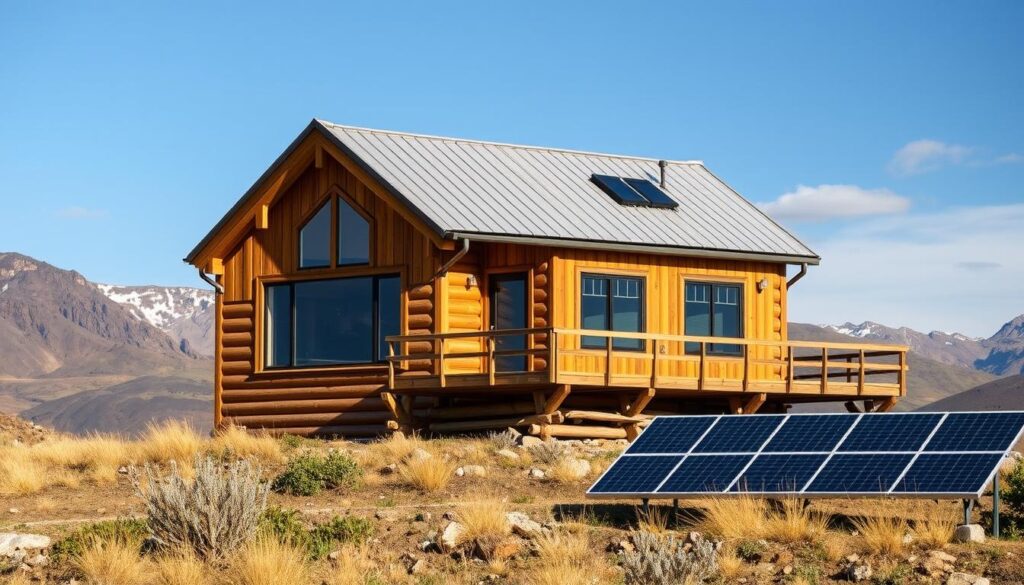 A rugged, off-grid home nestled in a picturesque mountain landscape. The exterior features sturdy timber construction, with large windows that maximize natural light and offer panoramic views of the surrounding wilderness. The roof is made of durable metal panels, designed to withstand harsh weather conditions. The home's compact, efficient layout incorporates passive solar design principles, ensuring optimal thermal performance and energy self-sufficiency. In the foreground, a small garden and solar panels underscore the property's commitment to sustainable, self-reliant living. Warm, muted tones and natural textures create a sense of harmony with the natural environment. The image conveys a mood of resilience, adventure, and a harmonious integration of human habitation and the great outdoors.