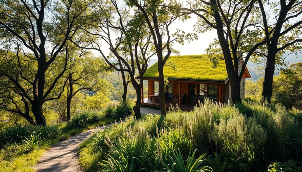 A serene and minimalist sustainable home nestled in a lush, verdant landscape. The structure features clean lines, large windows, and a green roof blending seamlessly with the surrounding foliage. Sunlight filters through the trees, casting a warm, natural glow on the home's timber and stone facade. In the foreground, a well-designed, functional porch overlooks a small, neatly tended garden. The middle ground showcases a path winding through diverse native plants, hinting at a tranquil, off-grid lifestyle. The background unveils rolling hills and a distant horizon, conveying a sense of harmony between the built environment and the natural world.