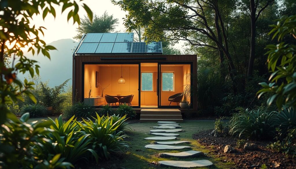 A serene, eco-friendly portable home nestled amidst lush, verdant foliage. The structure features sleek, sustainable materials like bamboo, solar panels, and natural stone. Warm, diffused sunlight filters through large windows, illuminating the minimalist interior with its clean lines and earthy accents. In the foreground, a path of stepping stones leads to the entrance, surrounded by a thriving garden of native plants. The background showcases a picturesque mountain landscape, hinting at the harmony between the home and its natural environment. An atmospheric, contemplative mood invites the viewer to imagine living in this tranquil, self-sufficient abode.