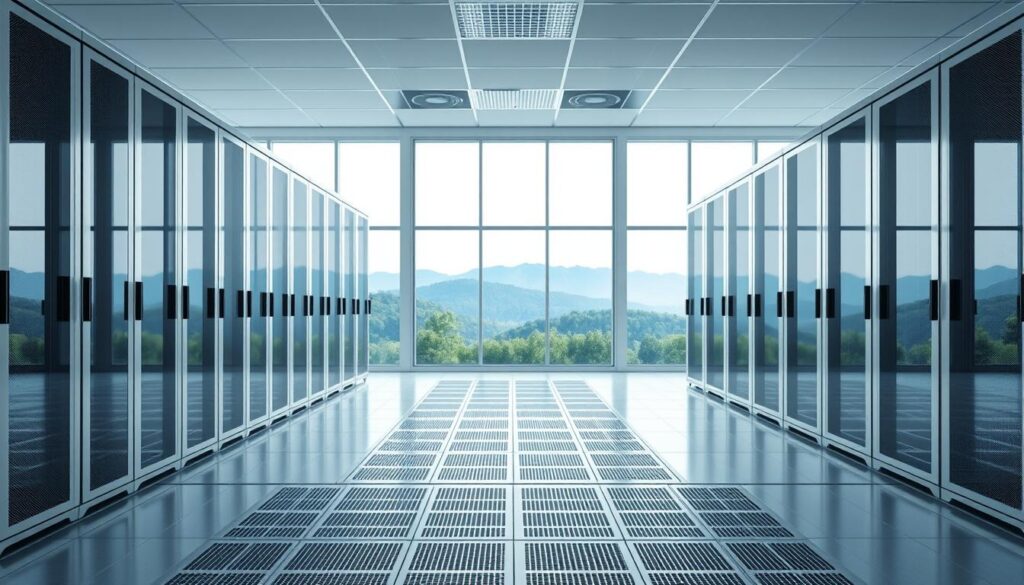 A serene, minimalist data center with clean lines and a sleek, contemporary design. In the foreground, rows of server racks stand tall, their polished metal casings gleaming under the soft, diffused lighting. The middle ground features a raised access floor, allowing for efficient cable management and cooling airflow. In the background, large windows offer a panoramic view of a tranquil, natural landscape, creating a sense of balance between technology and the natural world. The atmosphere is one of order, efficiency, and environmental consciousness, reflecting the idea of responsible data residency.