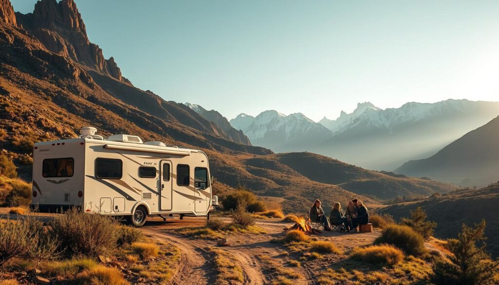 A serene mobile home nestled amidst a rugged, picturesque landscape. In the foreground, a sleek, minimalist RV with solar panels gleams in the warm sunlight, surrounded by lush vegetation and a winding dirt path. In the middle ground, a group of nomadic adventurers gather around a crackling campfire, their faces aglow with the flickering flames. In the background, majestic snow-capped mountains rise up, casting long shadows across the scene. The atmosphere is one of tranquility and freedom, capturing the essence of a portable, off-grid lifestyle.
