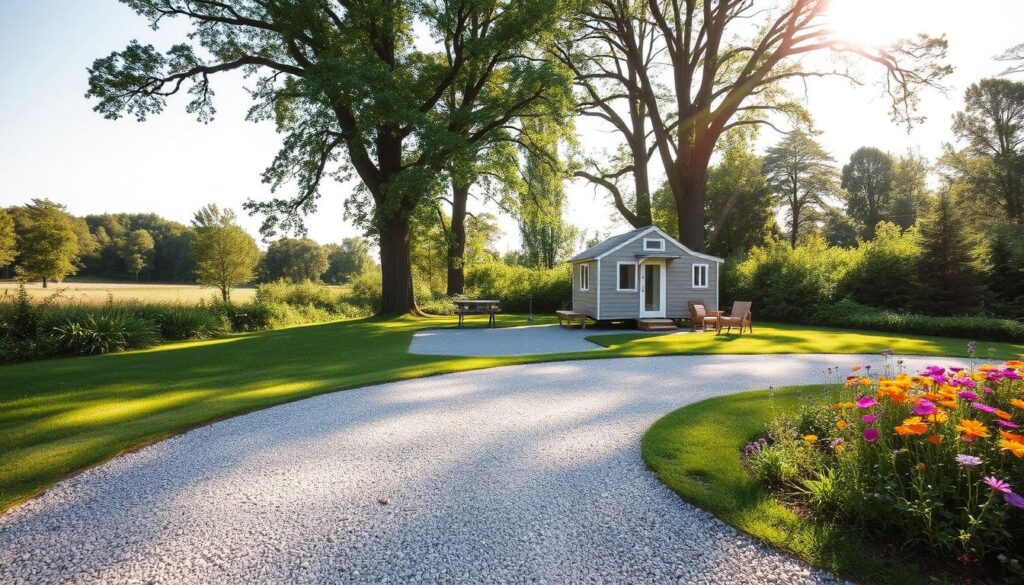 A serene, sun-dappled scene of a tiny house nestled in a lush, verdant landscape. In the foreground, a well-maintained gravel driveway winds gracefully, leading up to the compact, charming dwelling. Surrounding the home, a neatly manicured lawn dotted with vibrant wildflowers creates a picturesque setting. In the middle ground, a modest, unobtrusive parking area allows for discreet vehicle storage, blending seamlessly with the natural environment. Towering trees in the background cast gentle shadows, imbuing the scene with a sense of tranquility and privacy, ideal for the peaceful lifestyle of a tiny house dweller.