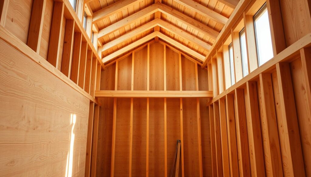 A shed's sturdy frame, the foundation of its structure. Crisp, clean wooden walls, their surfaces textured with the grooves of carefully sanded planks. Warm, natural lighting filters through large windows, casting a soft glow on the meticulously constructed panels. The framing, perfectly square and aligned, stands tall and proud, ready to support the weight of the roof above. A sense of craftsmanship and attention to detail permeates the scene, inviting the viewer to imagine the satisfying process of DIY shed construction. Precise, well-defined edges and clean lines create a visually striking composition, showcasing the technical aspects of this essential component of the shed-building process.