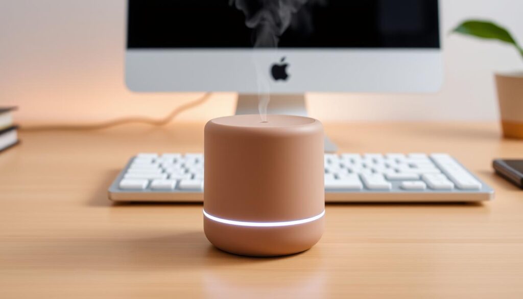A sleek, USB-powered scented diffuser rests on a minimalist office desk, emanating a soft, soothing fragrance. The diffuser's cylindrical form features a matte, neutral-toned finish, blending seamlessly with the desk's clean, modern aesthetic. Subtle LED lighting around the base illuminates the device, creating a warm, inviting ambiance. The diffuser's compact size allows it to occupy a small footprint, optimizing the limited desk space. Captured in a low-angle perspective, the image showcases the diffuser's functional and aesthetic qualities, highlighting its practicality for the contemporary office environment. A sleek, USB-powered scented diffuser rests on a minimalist office desk, emanating a soft, soothing fragrance. The diffuser's cylindrical form features a matte, neutral-toned finish, blending seamlessly with the desk's clean, modern aesthetic. Subtle LED lighting around the base illuminates the device, creating a warm, inviting ambiance. The diffuser's compact size allows it to occupy a small footprint, optimizing the limited desk space. Captured in a low-angle perspective, the image showcases the diffuser's functional and aesthetic qualities, highlighting its practicality for the contemporary office environment.