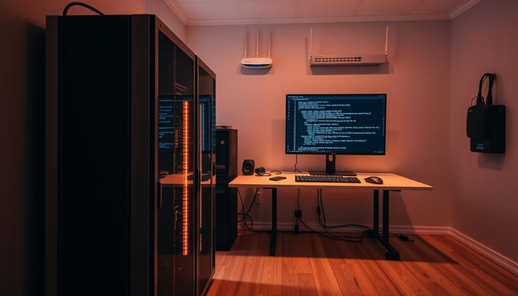 A sleek and minimalist self-hosting setup, illuminated by warm, soft lighting. In the foreground, a state-of-the-art server rack, its metal chassis gleaming, housing high-performance computing components. The middle ground features a tidy workspace, with a large monitor displaying a command-line interface, complemented by a mechanical keyboard and a minimalist mouse. In the background, a wall-mounted network switch and router, creating a secure and reliable connectivity hub. The overall atmosphere conveys a sense of efficiency, professionalism, and a deep understanding of technology, perfect for a "Self-hosting, pricing, and scalability considerations" section.