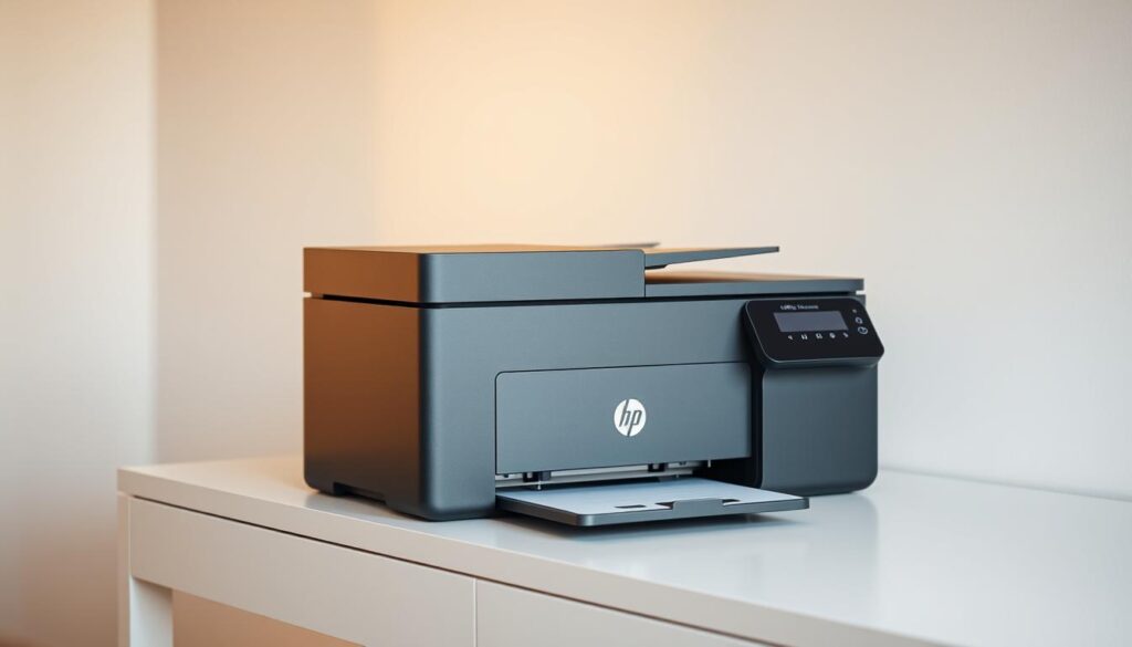 A sleek and modern HP OfficeJet Pro 9125e printer, elegantly placed on a minimalist white desk. The device is captured from a slight side angle, allowing the viewer to appreciate its clean lines and understated design. Warm, natural lighting from a nearby window casts a soft glow, highlighting the printer's matte black and chrome accents. The scene conveys a sense of efficiency and professionalism, befitting the needs of a home office or small business. The OfficeJet Pro 9125e stands as the centerpiece, showcasing its impressive all-in-one capabilities - printing, scanning, and copying with wireless connectivity.