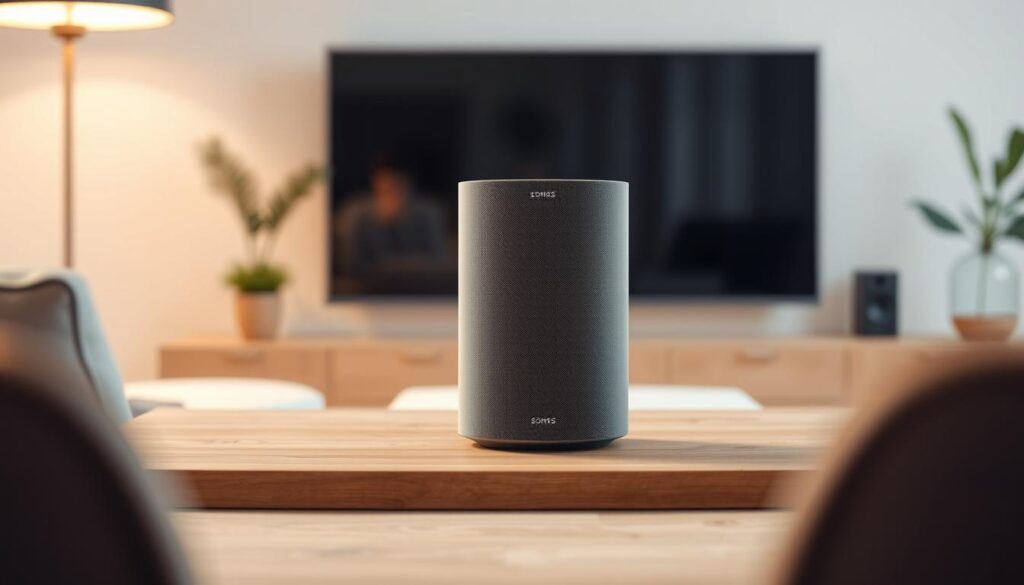 A sleek and modern Sonos Era 100 speaker positioned prominently in the foreground, its elegant design and smooth matte finish capturing the attention. Soft, warm lighting gently illuminates the device, creating a cozy and inviting atmosphere. The speaker is placed on a minimalist wooden or glass surface, blending seamlessly with the surrounding environment. In the background, a hint of a clean, minimalist living space can be seen, emphasizing the speaker's integration into a modern, music-loving home. The overall composition conveys a sense of high-quality audio technology and sophisticated style, perfectly suited to showcase the Sonos Era 100 as a standout smart speaker for music enthusiasts.