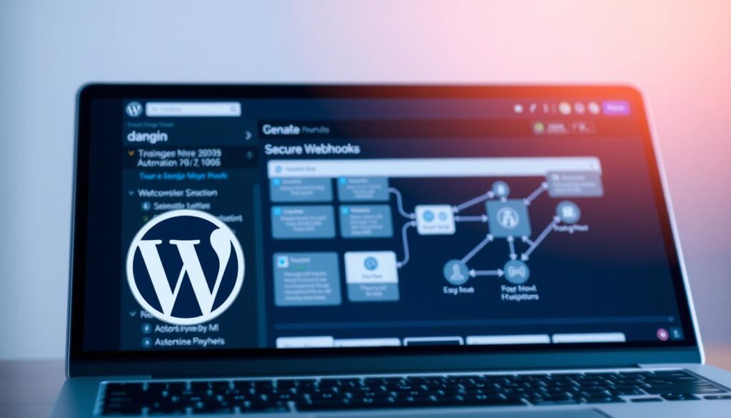 A sleek and modern WordPress website interface, its pages filled with dynamic content. In the foreground, a prominent n8n logo stands out, symbolizing the seamless integration between the two platforms. The middle ground showcases a well-designed n8n workflow, with various nodes connected by secure webhooks, representing the powerful automation capabilities. The background features a soft, gradient-based atmosphere, creating a sense of depth and sophistication. The lighting is balanced, with subtle highlights accentuating the key elements. The overall composition conveys a professional, technology-driven aesthetic suitable for the article's subject matter.