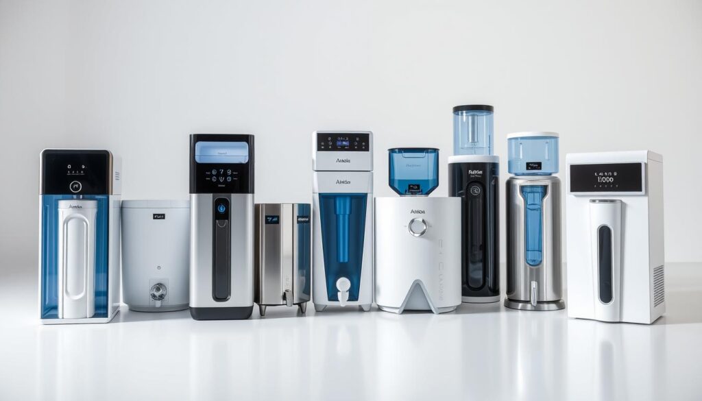 A sleek and modern arrangement of top-rated RO (reverse osmosis) water purifiers for home use, showcased in a well-lit studio setting. The purifiers are displayed on a clean, minimalist surface, capturing their advanced features and elegant designs. The foreground features three to five high-end models from leading brands, meticulously detailed with their key specifications and filtering capabilities. The middle ground includes additional purifiers of varying sizes and styles, arranged in a harmonious composition. The background is a simple, neutral setting that allows the products to take center stage. The overall scene conveys a sense of quality, reliability, and cutting-edge technology, reflecting the "best-in-class" nature of the featured water purifiers.