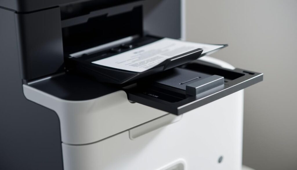 A sleek and modern automatic document feeder, its mechanical components elegantly exposed. The feeder tray is positioned prominently, inviting documents to be loaded with ease. Crisp, direct lighting illuminates the device, casting soft shadows that accentuate its form. The overall aesthetic is clean, technical, and functional, reflecting the essential role of this peripheral in a high-performance all-in-one printer. The scene is captured from a slightly elevated angle, allowing the viewer to appreciate the feeder's intelligent design and seamless integration into the larger printing system.
