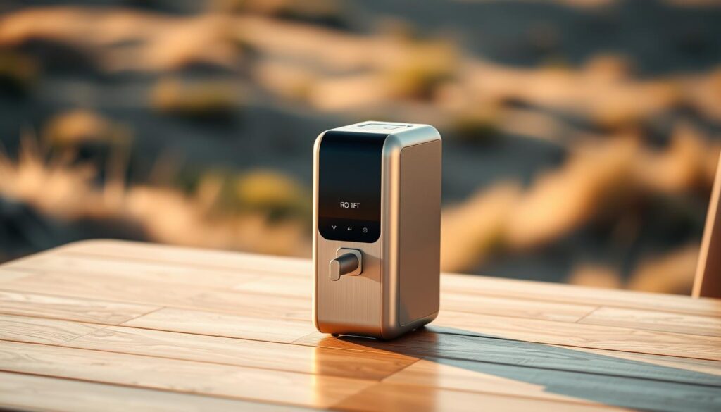A sleek, compact RO (reverse osmosis) water purifier in a modern, minimalist design. The device rests on a smooth, wooden table, bathed in warm, natural lighting that highlights its clean lines and brushed metal accents. In the foreground, the purifier's control panel and spout are clearly visible, showcasing its intuitive interface and ease of use. The middle ground features a carafe or container, ready to collect the purified water. In the background, a serene, blurred landscape suggests an outdoor setting, emphasizing the purifier's portability and suitability for travel. The overall atmosphere is one of efficiency, simplicity, and self-reliance, making this RO water purifier an essential companion for on-the-go hydration.