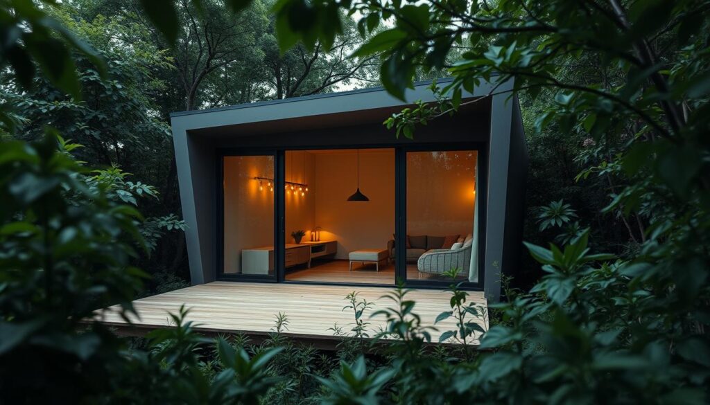 A sleek, contemporary microhaus design, nestled amidst lush, verdant foliage. The compact, geometric structure features floor-to-ceiling windows, allowing natural light to flood the interior. Muted, earthy tones complement the surrounding landscape, creating a seamless integration with the off-grid setting. A minimalist deck extends from the main living area, offering a serene outdoor retreat. Soft, diffused lighting casts a warm glow, highlighting the clean lines and sustainable materials used in the construction. The entire scene is captured from a low, slightly elevated angle, emphasizing the microhaus's compact, yet comfortable, living solution for off-grid adventures.