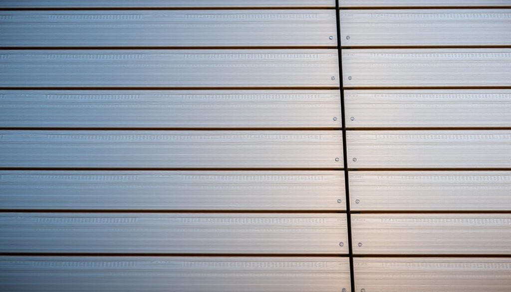 A sleek, metallic facade of interlocking aluminum panels, their surfaces reflecting the warm glow of natural lighting. The panels are arranged in a clean, geometric pattern, creating a modern, minimalist aesthetic. The camera captures the panels from a low angle, emphasizing their sturdy, yet lightweight construction. The background is slightly blurred, drawing the viewer's focus to the textured, brushed metal finish of the panels. The overall impression is one of durability, portability, and a sense of contemporary design, perfectly suited for a portable, container-ready living space.