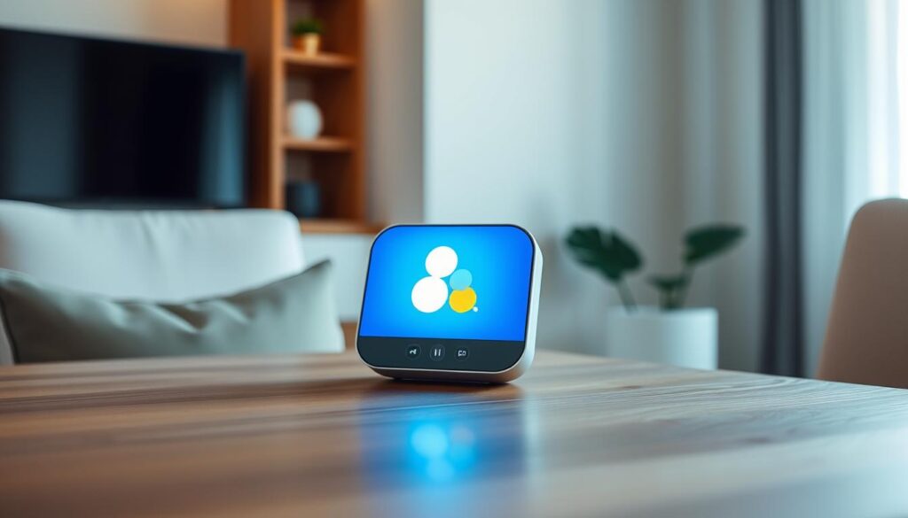 A sleek, minimalist smart speaker sits on a wooden table, its glowing interface prominently displayed. The Google Assistant logo shines brightly, inviting users to interact with the device. Soft, diffused lighting from above illuminates the scene, creating a warm and inviting atmosphere. The speaker's design is clean and modern, blending seamlessly into the contemporary home setting. The background is slightly blurred, keeping the focus on the assistant and its intuitive controls. This image captures the essence of a smart home device that can effortlessly integrate into any living space, ready to assist with a variety of tasks.