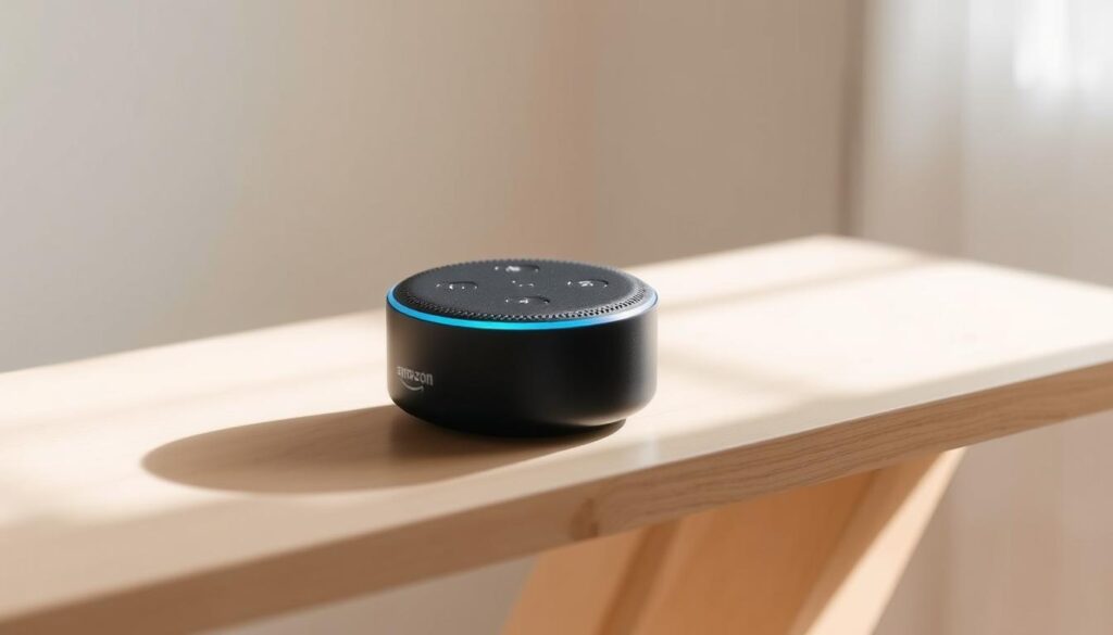 A sleek, modern Amazon Echo Dot (5th Gen) smart speaker resting on a minimalist wooden table, illuminated by soft, diffused lighting from a nearby window. The device's matte black exterior and circular design stand out against the light-colored tabletop, conveying a sense of simplicity and functionality. The room's neutral tones and clean lines create a calming, minimalist atmosphere, highlighting the Echo Dot's role as a discreet yet powerful addition to any home. The image showcases the speaker's compact size and premium aesthetic, emphasizing its value as a budget-friendly smart home solution.