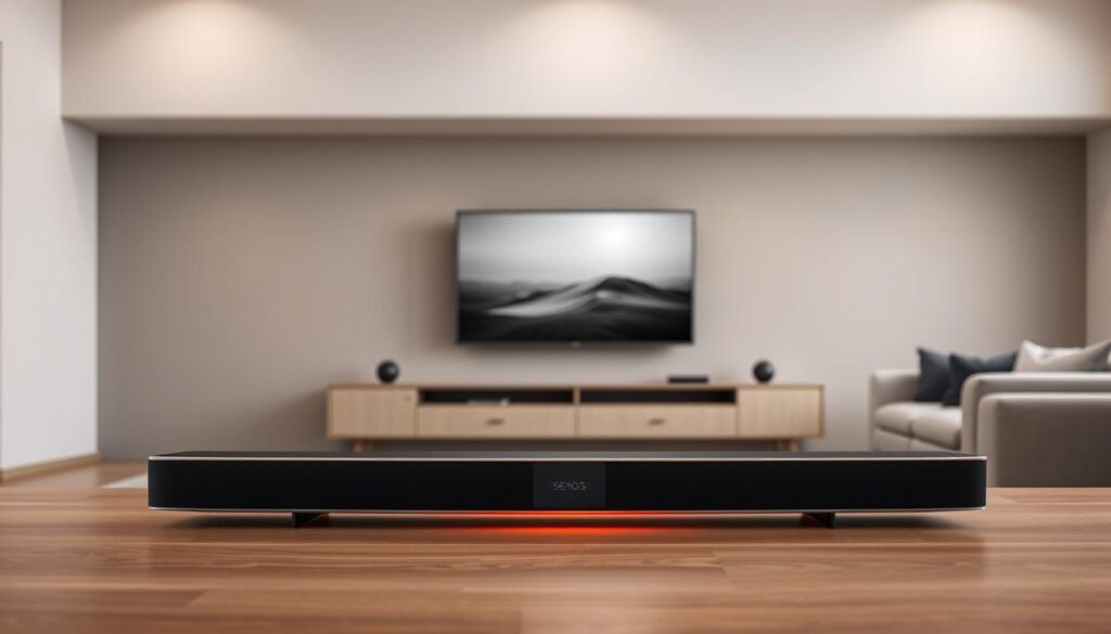 A sleek, modern Sonos Beam Gen 2 sound bar set against a minimalist, neutral-toned living room. The soundbar is positioned in the foreground, casting a warm glow and emitting a subtle hum. The room features clean lines, muted colors, and a large flatscreen TV mounted on the wall. Soft, diffused lighting creates a cozy, inviting atmosphere. The angle showcases the soundbar's slim profile and premium brushed metal finish, highlighting its seamless integration into the space. The scene conveys the Beam's ability to upgrade TV audio and voice control, elevating the home entertainment experience.