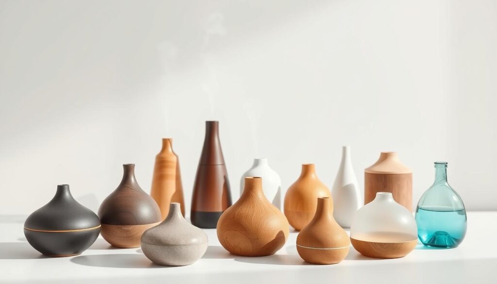 A sleek, modern arrangement of various aromatherapy diffusers in a well-lit, minimalist setting. In the foreground, several elegant ceramic and glass diffusers sit atop a clean, white surface, their organic shapes and textures highlighting the natural materials. The middle ground features a mix of tower-style and desktop diffusers, each emitting delicate, swirling mists of fragrant essential oils. The background is a simple, neutral-toned backdrop, allowing the diffusers to take center stage. The overall scene conveys a sense of tranquility, wellness, and the thoughtful curation of scented experiences in the contemporary home. A sleek, modern arrangement of various aromatherapy diffusers in a well-lit, minimalist setting. In the foreground, several elegant ceramic and glass diffusers sit atop a clean, white surface, their organic shapes and textures highlighting the natural materials. The middle ground features a mix of tower-style and desktop diffusers, each emitting delicate, swirling mists of fragrant essential oils. The background is a simple, neutral-toned backdrop, allowing the diffusers to take center stage. The overall scene conveys a sense of tranquility, wellness, and the thoughtful curation of scented experiences in the contemporary home.