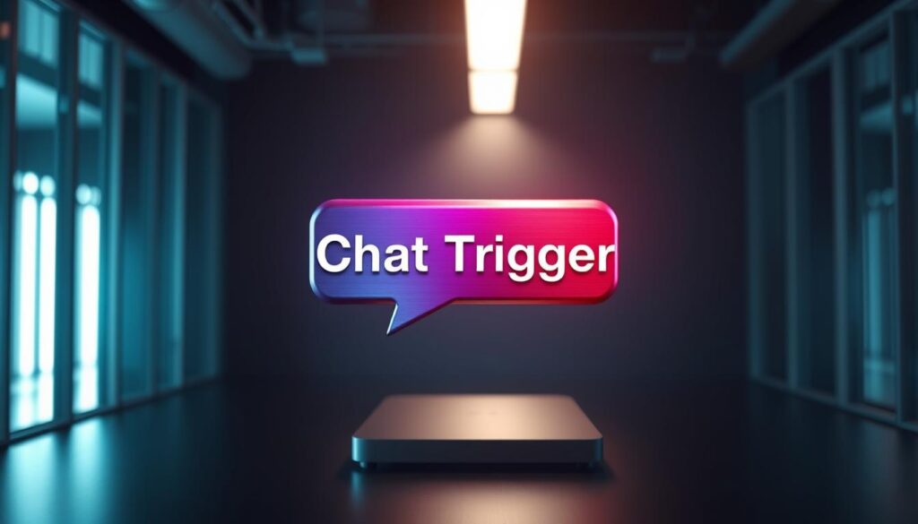 A sleek, modern chat interface with a prominent "Chat Trigger" node in the center. The node is rendered in a vibrant, metallic finish, casting a soft glow against a backdrop of a dimly lit, minimalist workspace. The lighting is subtle, creating depth and highlighting the textural details of the node. The composition emphasizes the node's importance, drawing the viewer's attention to the core functionality of the workflow automation system. The overall atmosphere is one of efficiency, innovation, and technological sophistication, aligning with the subject matter of the article.