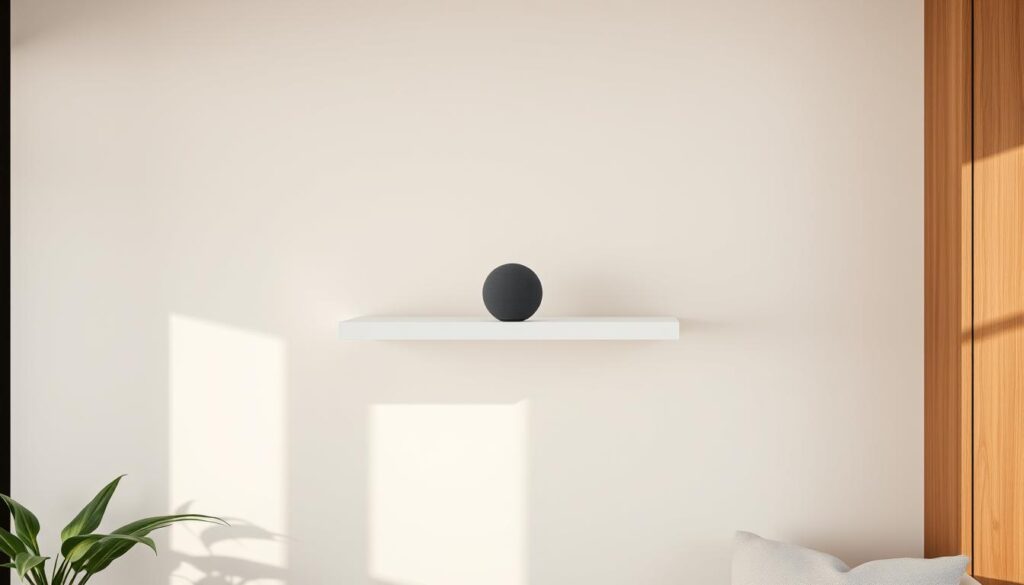 A sleek, modern home interior with a central focus on a Google Nest Audio smart speaker. The device is positioned prominently on a minimalist floating shelf against a backdrop of neutral-toned walls and natural wood accents. Soft, diffused lighting illuminates the space, creating a warm, inviting atmosphere. Subtle hints of the larger Google ecosystem are present, such as a smartphone, tablet, or other compatible devices, seamlessly integrated into the scene. The overall composition emphasizes the Google Nest Audio as the central smart home hub, showcasing its design and positioning as the anchor of a cohesive, connected living space.