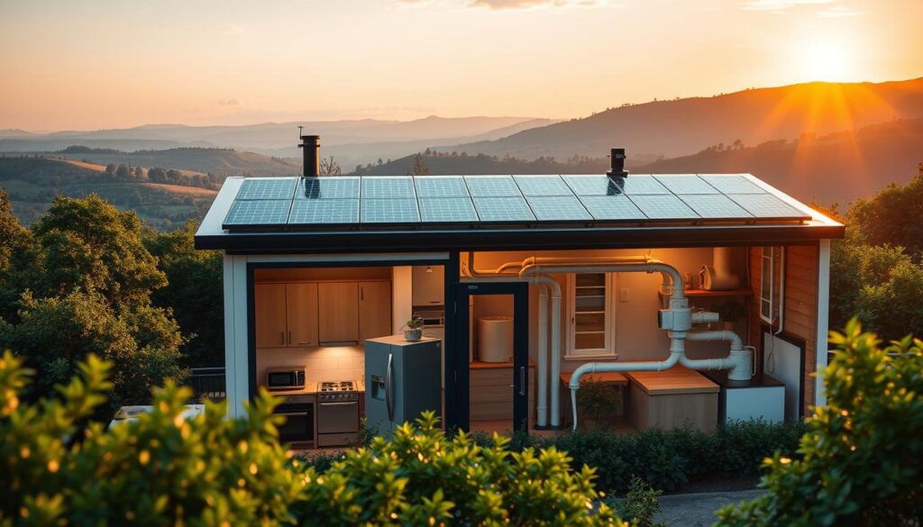 A sleek, modern home nestled amid lush greenery, its rooftop solar panels gleaming in the golden afternoon sunlight. In the foreground, an array of energy-efficient appliances and smart home controls, their displays radiating a soft, inviting glow. The middle ground features a cutaway view, revealing the home's intricate insulation and ventilation systems, optimized for maximum thermal efficiency. The background showcases a panoramic vista of rolling hills and a cloudless sky, conveying a sense of harmony between the structure and its natural surroundings. The overall scene exudes a tranquil, sustainable atmosphere, embodying the "Energy Efficiency Features that Drive Performance" for this eco-friendly portable home.