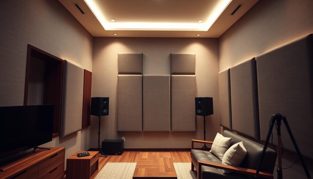 A sleek, modern home studio with strategic acoustic panels lining the walls, creating a warm, intimate atmosphere. The panels are textured with a subtle geometric pattern, their muted tones blending seamlessly with the room's minimalist design. Soft, diffused lighting casts a cozy glow, accentuating the rich wood tones of the studio furniture. The camera angle captures the panels in a way that highlights their sound-dampening properties, making this space an ideal setting for high-quality audio recording and mixing.