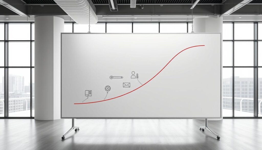 A sleek, modern office setting with a large, curved whiteboard dominating the foreground. The whiteboard is filled with various graphical elements, representing the stages of a learning curve - from a simple, flat line at the bottom to a gradually steepening arc reaching up towards the top. The background is a bright, airy space with large windows letting in natural light, creating a sense of openness and possibility. The overall mood is one of focused productivity, with the learning curve metaphor serving as a visual representation of the challenges and progress inherent in mastering new skills or technologies.
