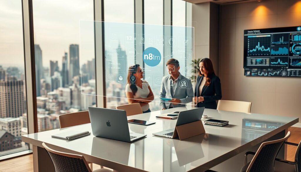 A sleek, modern office setting with a large window overlooking a bustling city skyline. In the foreground, an elegant white desk with a laptop, tablet, and various productivity tools. Hovering above the desk, a holographic display showcases the intuitive interface of the n8n automation platform, its various workflows and capabilities. The middle ground features a team of professionals collaborating seamlessly, their expressions focused and determined as they interact with the n8n system. In the background, a wall-mounted display shows real-time analytics and performance metrics, highlighting the efficiency and insights provided by the n8n automation tools. Warm, directional lighting casts a professional, productive atmosphere throughout the scene.