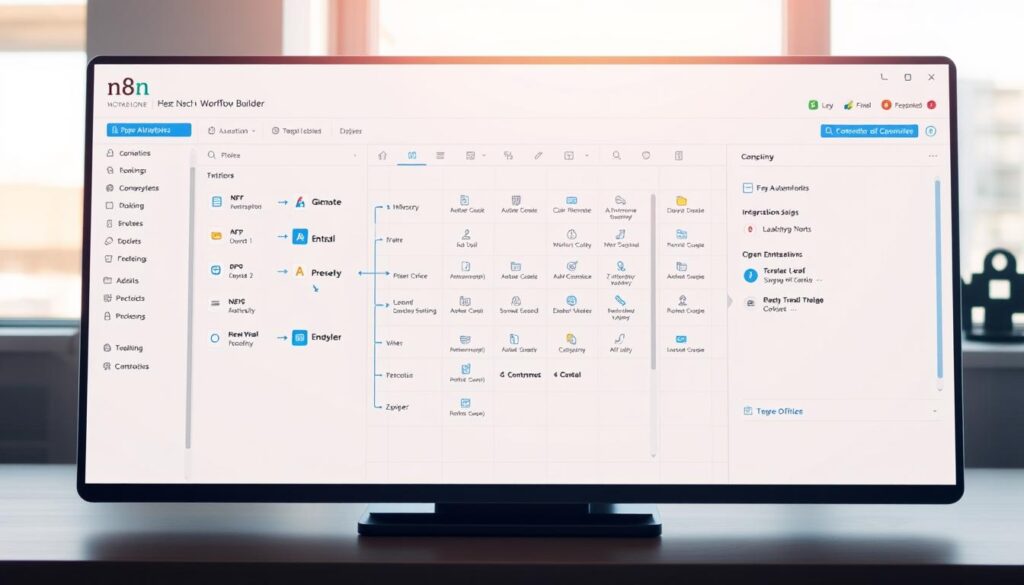 A sleek, modern software interface depicting the n8n workflow builder. In the foreground, a clean and intuitive dashboard showcases various automation nodes and connections, with a crisp, minimalist design. The middle ground features a comprehensive toolbox, offering a wide range of integrations and customizable options. In the background, a subtle grid layout provides a sense of structure and organization, while soft, natural lighting creates a warm and inviting atmosphere. The overall composition conveys the open, extensible, and self-hostable nature of n8n, in contrast to the simplicity of Zapier, aligning with the section title "n8n at a glance: open, extensible, and self-hostable versus Zapier's simplicity".