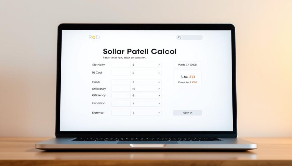 A sleek, modern solar panel ROI calculator interface displayed on a high-resolution, glossy laptop screen. The calculator is set against a soft, neutral background with subtle gradients, allowing the interface to take center stage. The calculator features clean, minimalist design with intuitive input fields and interactive sliders to adjust variables like electricity costs, panel efficiency, and installation expenses. The display showcases the calculated return on investment with clear, easy-to-read typography and a visually engaging chart or graph. Warm, indirect lighting illuminates the scene, creating a professional, informative atmosphere. A sleek, modern solar panel ROI calculator interface displayed on a high-resolution, glossy laptop screen. The calculator is set against a soft, neutral background with subtle gradients, allowing the interface to take center stage. The calculator features clean, minimalist design with intuitive input fields and interactive sliders to adjust variables like electricity costs, panel efficiency, and installation expenses. The display showcases the calculated return on investment with clear, easy-to-read typography and a visually engaging chart or graph. Warm, indirect lighting illuminates the scene, creating a professional, informative atmosphere.