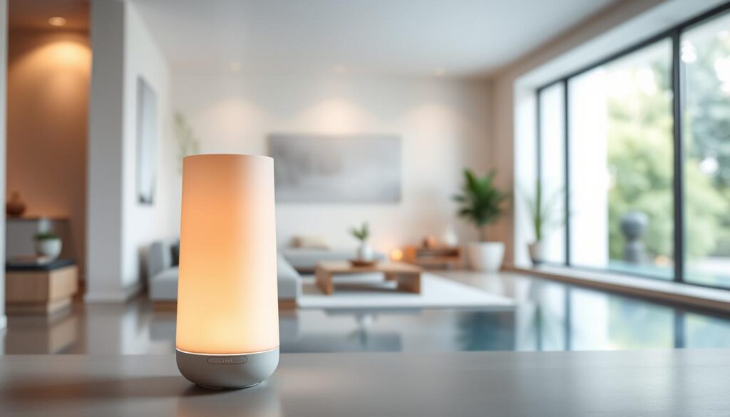 A sleek, modern ultrasonic diffuser stands prominently in the foreground, its elegant design featuring a minimalist, cylindrical shape with a smooth, matte finish. Soft, ambient lighting emanates from the device, casting a warm, soothing glow throughout the scene. In the middle ground, a serene, minimalist living space is visible, with clean lines, neutral tones, and natural textures creating a calming, spa-like atmosphere. The background is softly blurred, hinting at a peaceful, nature-inspired setting, perhaps with lush greenery or a calming water feature. The overall mood is one of tranquility, relaxation, and a sense of rejuvenation, perfectly capturing the essence of a high-quality, state-of-the-art ultrasonic diffuser. A sleek, modern ultrasonic diffuser stands prominently in the foreground, its elegant design featuring a minimalist, cylindrical shape with a smooth, matte finish. Soft, ambient lighting emanates from the device, casting a warm, soothing glow throughout the scene. In the middle ground, a serene, minimalist living space is visible, with clean lines, neutral tones, and natural textures creating a calming, spa-like atmosphere. The background is softly blurred, hinting at a peaceful, nature-inspired setting, perhaps with lush greenery or a calming water feature. The overall mood is one of tranquility, relaxation, and a sense of rejuvenation, perfectly capturing the essence of a high-quality, state-of-the-art ultrasonic diffuser.