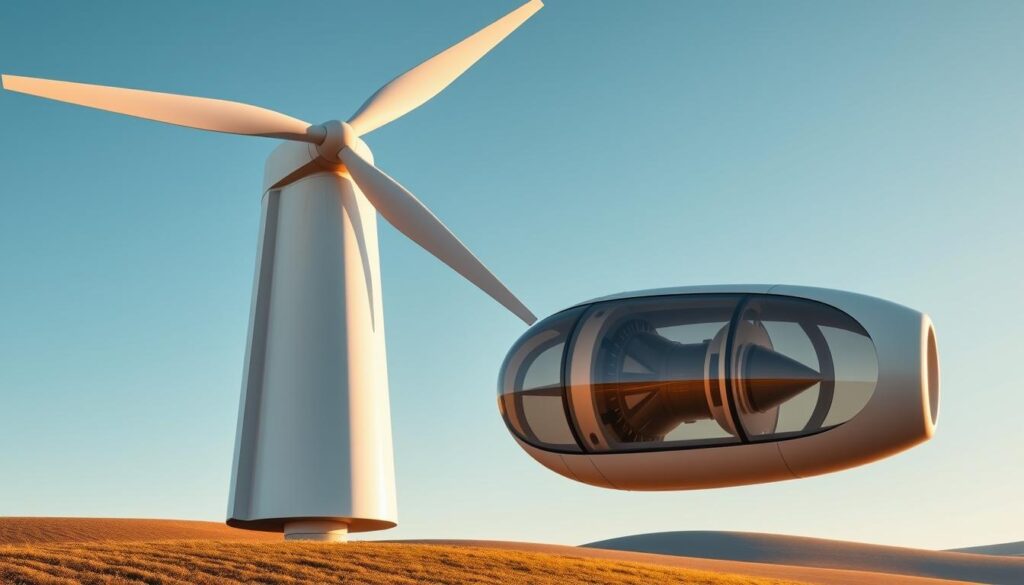 A sleek, modern vertical axis wind turbine design, with a striking three-bladed rotor elegantly spinning against a clear, blue sky. The turbine's aerodynamic shell features clean, minimalist lines, crafted from durable, high-tensile materials. In the foreground, the turbine's sturdy base is firmly anchored to the ground, conveying a sense of stability and reliability. The mid-ground showcases the turbine's internal mechanisms, visible through strategically placed transparent panels, allowing viewers to understand the intricate workings of this renewable energy solution. In the background, a gently rolling landscape provides a serene, natural backdrop, emphasizing the turbine's integration with the environment. Warm, directional lighting illuminates the scene, casting dynamic shadows and highlighting the turbine's smooth, polished surfaces. A sleek, modern vertical axis wind turbine design, with a striking three-bladed rotor elegantly spinning against a clear, blue sky. The turbine's aerodynamic shell features clean, minimalist lines, crafted from durable, high-tensile materials. In the foreground, the turbine's sturdy base is firmly anchored to the ground, conveying a sense of stability and reliability. The mid-ground showcases the turbine's internal mechanisms, visible through strategically placed transparent panels, allowing viewers to understand the intricate workings of this renewable energy solution. In the background, a gently rolling landscape provides a serene, natural backdrop, emphasizing the turbine's integration with the environment. Warm, directional lighting illuminates the scene, casting dynamic shadows and highlighting the turbine's smooth, polished surfaces.