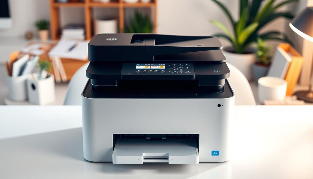 A sleek, wireless all-in-one printer, scanner, and copier, bathed in warm, diffused lighting, resting on a clean, minimalist desk. The device has a modern, streamlined design with a large, intuitive touchscreen display. Prominent yet unobtrusive, it sits in the foreground, ready to handle all your home office printing, scanning, and copying needs. The middle ground features neatly organized office supplies, while the background showcases a cozy, well-appointed home workspace, with plants and natural decor elements, conveying a sense of productivity and comfort.