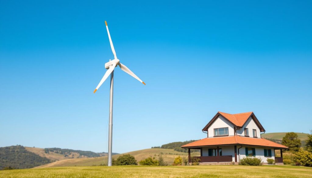 A small residential wind turbine gracefully stands against a clear blue sky, its sleek blades gently spinning to harness the natural power of the wind. The turbine is situated atop a sturdy metal tower, its elegant design blending seamlessly with the surrounding landscape. The foreground features a well-manicured lawn, while the middle ground showcases a charming two-story house, its roof tiles reflecting the warm sunlight. In the background, rolling hills dotted with lush greenery create a picturesque scene, conveying a sense of tranquility and renewable energy in harmony with the natural world.