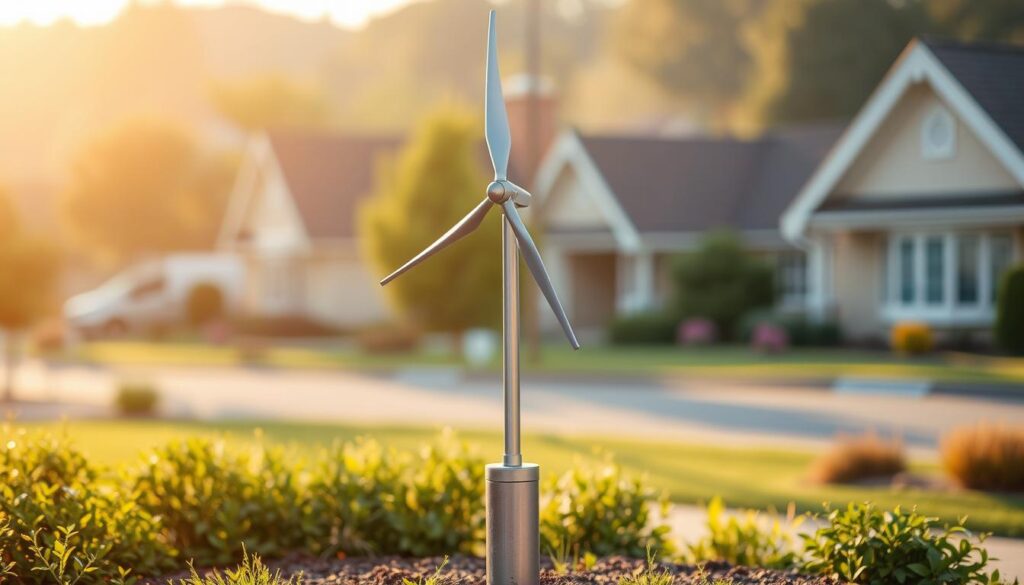 A small-scale wind turbine stands proudly against a backdrop of a peaceful, suburban neighborhood. The sleek, three-bladed design gracefully rotates, capturing the gentle breeze. The turbine's tower is slender and metallic, rising up from a compact base that blends seamlessly with the landscaping. Warm, natural lighting bathes the scene, casting soft shadows and highlighting the turbine's intricate details. The overall composition conveys a sense of clean, renewable energy integration within a residential setting, inviting the viewer to imagine the turbine powering a nearby home.