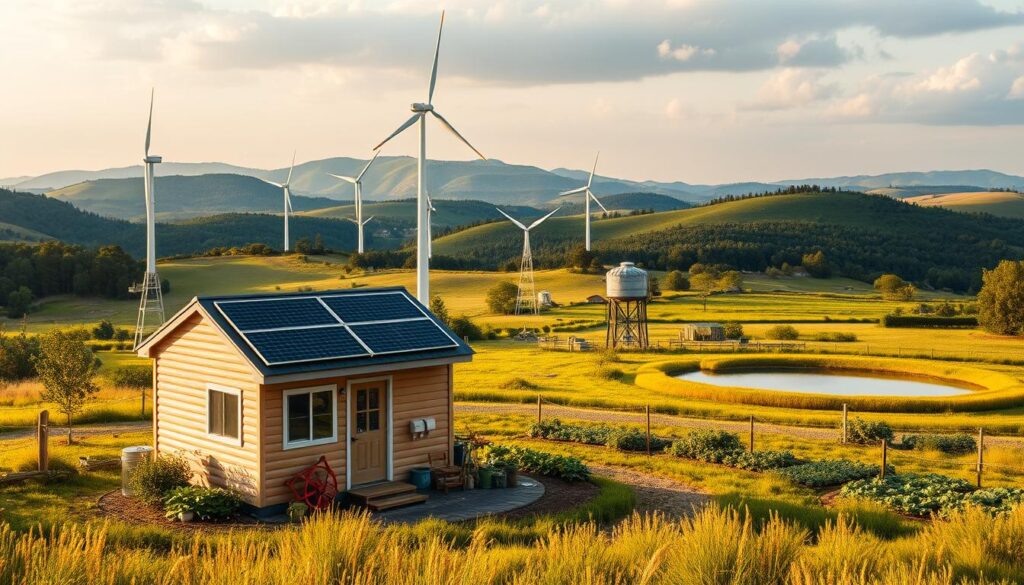 A small, self-sufficient homestead nestled in a lush, off-grid setting. In the foreground, a compact, well-designed tiny house with clean lines and efficient solar panels gleaming on the roof. In the middle ground, a neat array of wind turbines, a water tower, and a verdant vegetable garden. The background features rolling hills, a picturesque pond, and a vibrant, diverse ecosystem teeming with life. Warm, golden lighting bathes the scene, creating a tranquil, self-reliant atmosphere. The image conveys the harmony of modern sustainable living in harmony with nature.