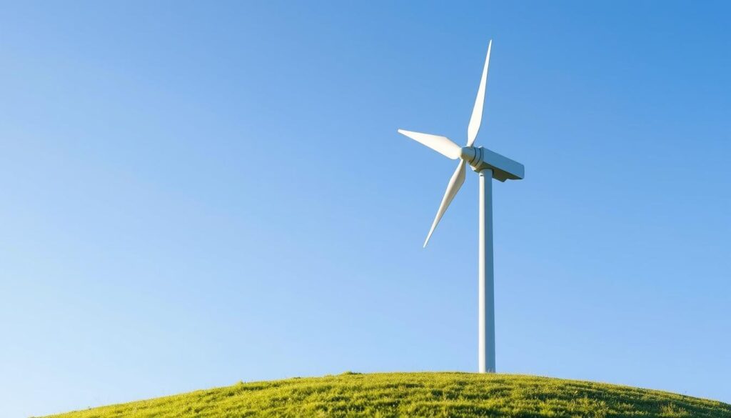 A small wind turbine installation situated on a gently sloping hill, with a grassy foreground and a clear blue sky in the background. The turbine's blades gracefully rotate, harnessing the gentle breeze. The structure is composed of a sleek, modern design with a silver-gray finish, complementing the natural surroundings. Soft, diffused lighting creates a serene and tranquil atmosphere, highlighting the turbine's efficiency and integration with the environment. The overall scene conveys a sense of renewable energy in harmony with the local landscape, suitable for powering a residential property.
