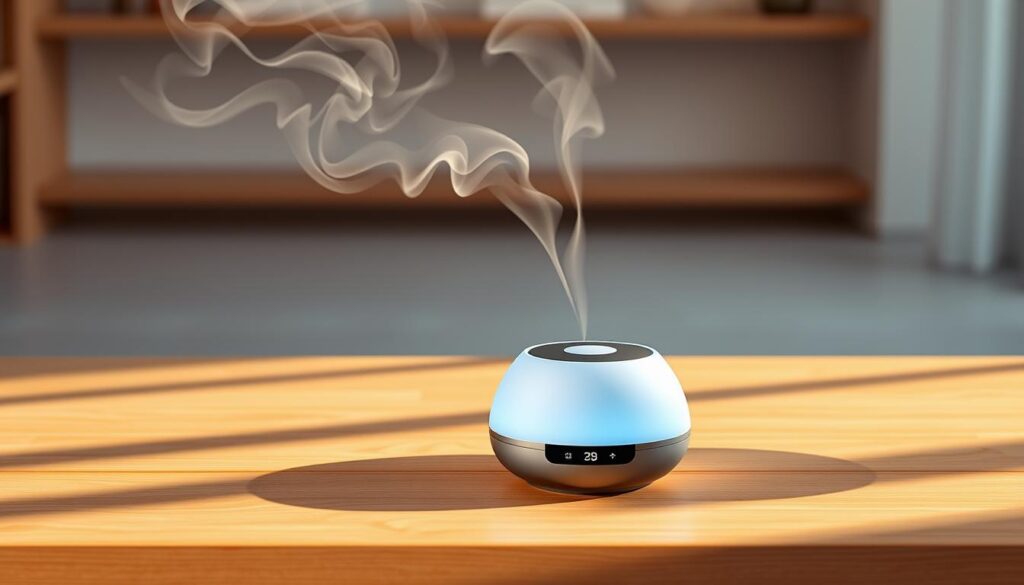 A smart, modern WiFi-enabled scented diffuser with a sleek, minimalist design, compatible with Alexa voice commands. The diffuser is placed on a minimalist wooden table, bathed in warm, soft lighting. The device features a discrete digital display and touch controls, blending seamlessly into the contemporary decor. Wispy tendrils of fragrant mist emanate from the diffuser, creating a calming, inviting atmosphere. The background is a serene, neutral-toned interior, highlighting the diffuser's elegant integration into a smart home setting. A smart, modern WiFi-enabled scented diffuser with a sleek, minimalist design, compatible with Alexa voice commands. The diffuser is placed on a minimalist wooden table, bathed in warm, soft lighting. The device features a discrete digital display and touch controls, blending seamlessly into the contemporary decor. Wispy tendrils of fragrant mist emanate from the diffuser, creating a calming, inviting atmosphere. The background is a serene, neutral-toned interior, highlighting the diffuser's elegant integration into a smart home setting.