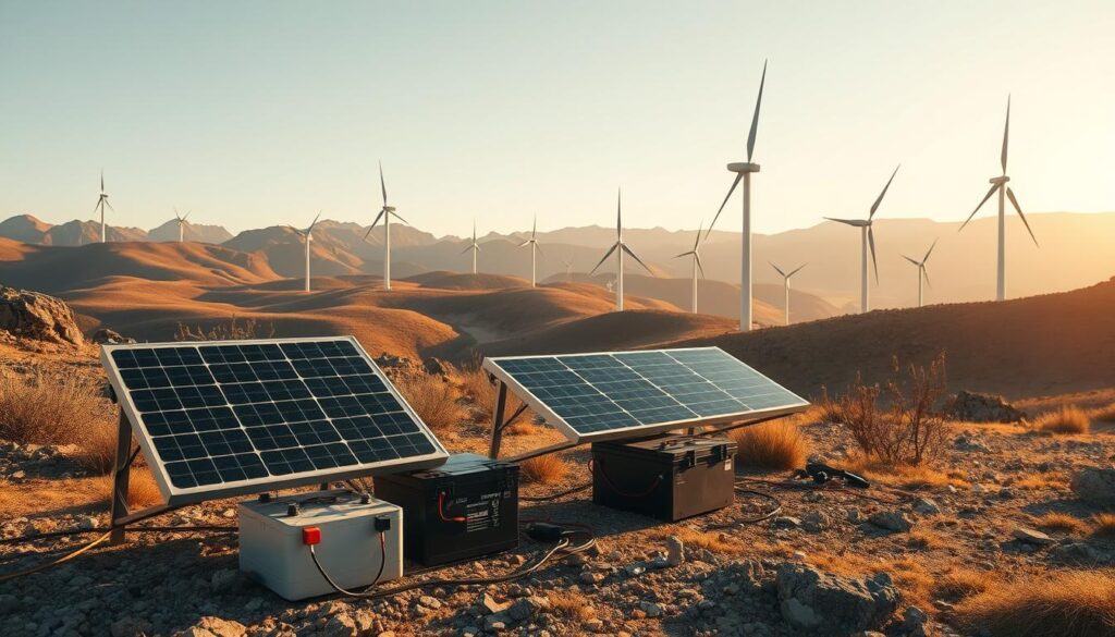 A solar-powered off-grid energy system in a rugged, natural landscape. In the foreground, a compact, weathered solar panel array charges a set of high-capacity batteries. Sleek, modern wind turbines dot the rolling hills in the middle ground, their blades spinning gently in a light breeze. In the background, a serene mountain range is bathed in warm, golden sunlight, creating a sense of tranquility and self-reliance. The scene is captured with a wide-angle lens, emphasizing the harmony between technology and nature. The overall mood is one of resilience, sustainability, and the freedom of living off the grid.