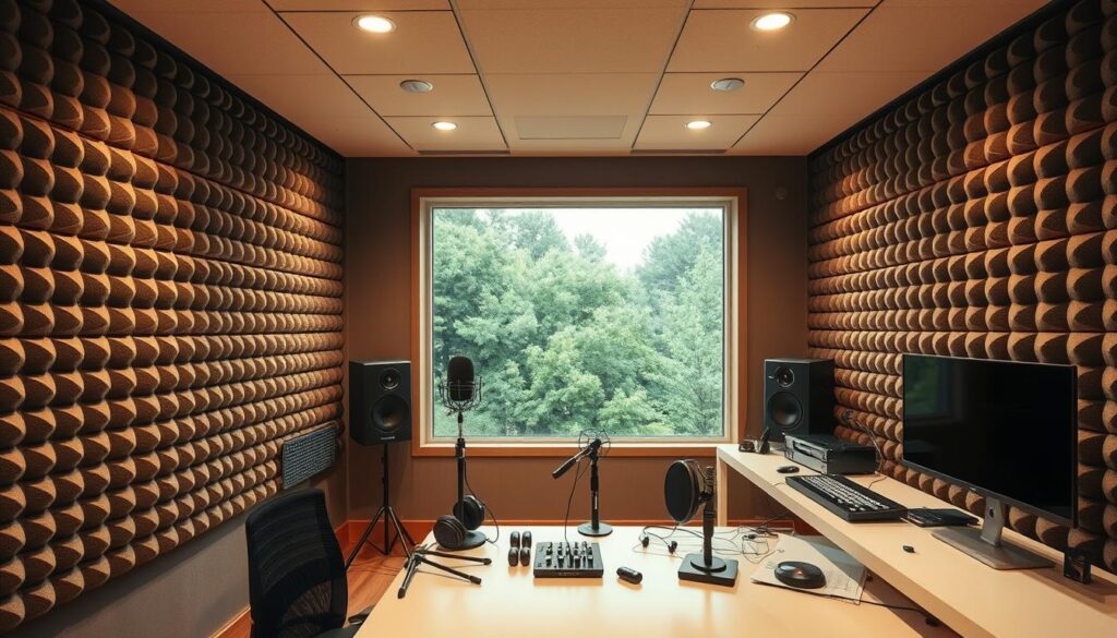 A soundproofed audio recording studio with a focus on noise isolation. The foreground features high-density acoustic foam panels lining the walls, dampening external sounds and creating a controlled environment. The middle ground showcases various professional-grade microphones, headphones, and other audio equipment neatly organized on a clean, minimalist desk. Indirect lighting from recessed ceiling fixtures casts a warm, focused glow, enhancing the cozy, productive atmosphere. In the background, a large window provides a calming view of a lush, verdant outdoor landscape, creating a serene contrast to the technical nature of the studio.