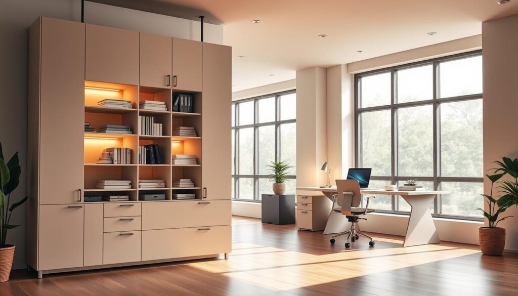 A spacious, well-lit office space with a sleek, modern vertical storage system dominating the foreground. The storage unit features clean lines, minimalist design, and a combination of open shelves and discreet drawers, providing ample space for organizing documents, supplies, and decor. Warm, indirect lighting illuminates the scene, casting a soft, inviting glow. The middle ground showcases a minimalist desk setup, with a laptop, a potted plant, and a few tasteful accessories. The background depicts a series of large windows, allowing natural light to flood the space and creating a sense of openness and airiness.