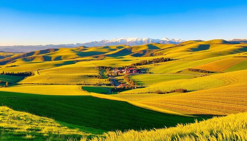 A sprawling countryside landscape bathed in warm, golden sunlight. In the foreground, lush rolling hills dotted with verdant meadows and swaying fields of wheat. In the middle ground, a small quaint village nestled between gently sloping hills, its rustic buildings and winding roads inviting exploration. The background features a distant mountain range, its snow-capped peaks reaching up towards a cloudless azure sky. The scene evokes a sense of tranquility and timeless rural charm, perfectly capturing the essence of the "land, permits, and zoning" aspect of the article's subject.