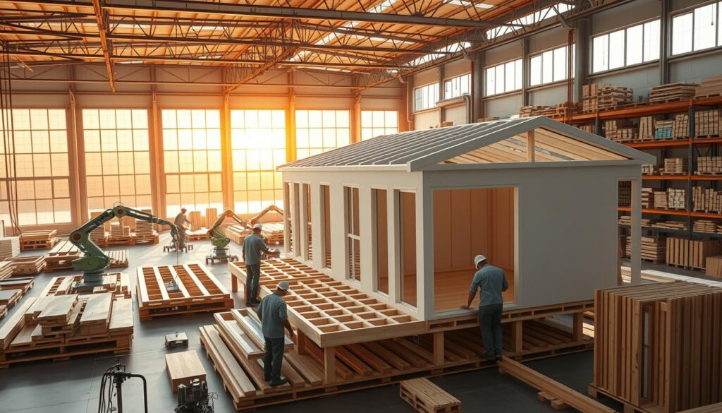 A sprawling modular home factory, bathed in warm golden light filtering through massive windows. On the factory floor, workers meticulously assemble prefabricated wall panels, roofs, and floors using the latest precision machinery. Robotic arms lift and interlock the modular components with surgical accuracy, creating the skeleton of a high-quality, energy-efficient home. In the background, shelves brimming with standardized parts stand ready to be deployed. The scene conveys a sense of efficiency, innovation, and a future where compact, sustainable living is made accessible through advanced manufacturing techniques.