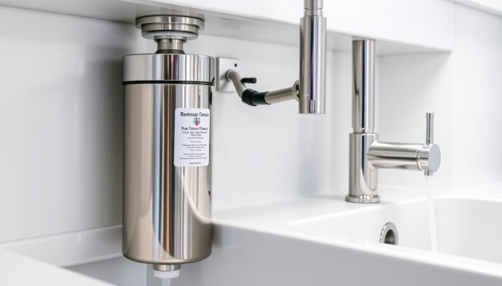 A stainless steel under-sink reverse osmosis water filter system, with a sleek, modern design. The filter housing is prominently displayed, showcasing its efficient three-stage filtration process. The faucet, connected by clear tubing, sits atop a pristine white countertop, ready to dispense clean, refreshing water. Soft, indirect lighting illuminates the scene, creating a sense of clarity and purity. The image conveys the system's reliability and ease of installation, making it an attractive choice for a well-designed kitchen. A stainless steel under-sink reverse osmosis water filter system, with a sleek, modern design. The filter housing is prominently displayed, showcasing its efficient three-stage filtration process. The faucet, connected by clear tubing, sits atop a pristine white countertop, ready to dispense clean, refreshing water. Soft, indirect lighting illuminates the scene, creating a sense of clarity and purity. The image conveys the system's reliability and ease of installation, making it an attractive choice for a well-designed kitchen.