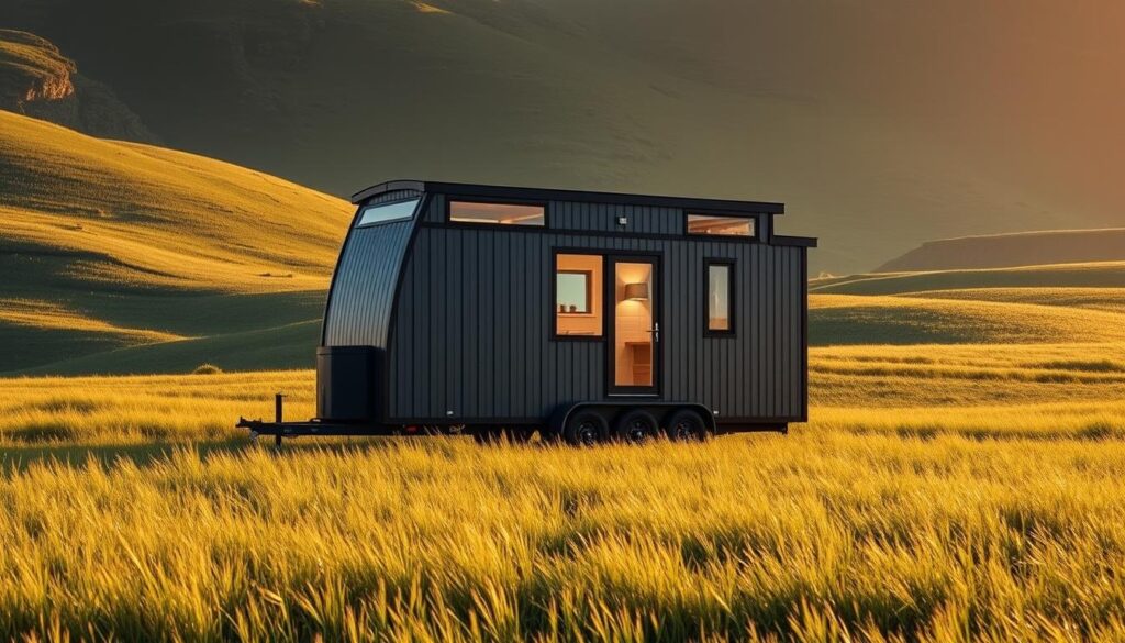 A tiny home on wheels nestled amidst a serene, sun-dappled meadow. The sleek, modern exterior features clean lines and muted earth tones, blending seamlessly with the lush, rolling landscape. Warm, natural lighting filters through large windows, casting a cozy glow within the compact yet efficiently designed interior. The home appears to be lifted slightly off the ground, resting atop a sturdy, custom-built trailer chassis, ready to be towed to new adventures. The overall scene evokes a sense of freedom, simplicity, and a harmonious connection between the dwelling and its natural surroundings.