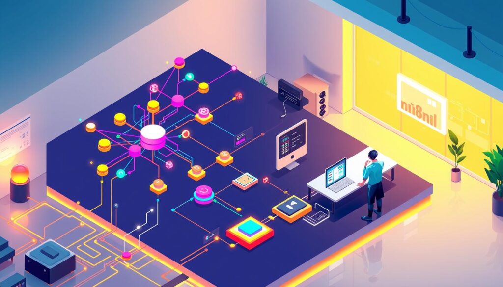 A vibrant, isometric illustration of the n8n automation workflow system. In the foreground, an array of colorful nodes and connections representing the core functionality of n8n, with meticulous attention to detail. The middle ground showcases a team of marketers interacting with the workflow, their actions triggering various data inputs and outputs. The background features a clean, minimalist workspace, bathed in warm, soft lighting that creates a sense of productivity and efficiency. The overall composition conveys the power of n8n to streamline marketing processes, unlocking new levels of productivity and collaboration. A vibrant, isometric illustration of the n8n automation workflow system. In the foreground, an array of colorful nodes and connections representing the core functionality of n8n, with meticulous attention to detail. The middle ground showcases a team of marketers interacting with the workflow, their actions triggering various data inputs and outputs. The background features a clean, minimalist workspace, bathed in warm, soft lighting that creates a sense of productivity and efficiency. The overall composition conveys the power of n8n to streamline marketing processes, unlocking new levels of productivity and collaboration.
