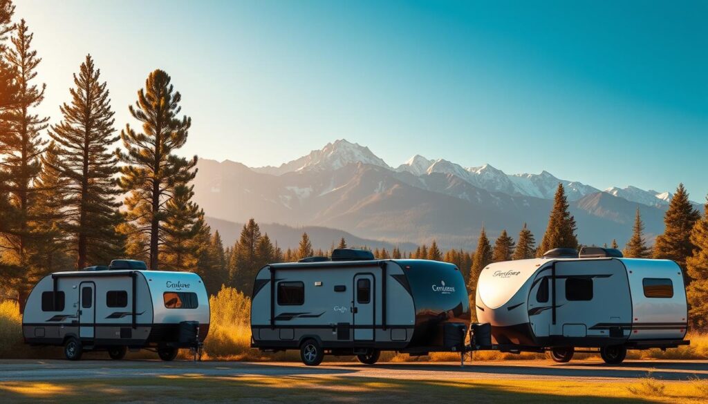 A visually captivating scene showcasing a lineup of the most alluring portable home models for camping and travel. In the foreground, three sleek, modern trailers stand prominently, their smooth exteriors gleaming under warm, golden lighting. The midground features a lush, verdant landscape, with towering pine trees framing the scene and casting soft, filtered shadows. In the background, majestic, snow-capped mountains rise, creating a breathtaking backdrop that evokes a sense of adventure and exploration. The overall composition is balanced and visually striking, drawing the viewer's eye to the featured trailers and evoking a strong desire to embark on a memorable outdoor journey.