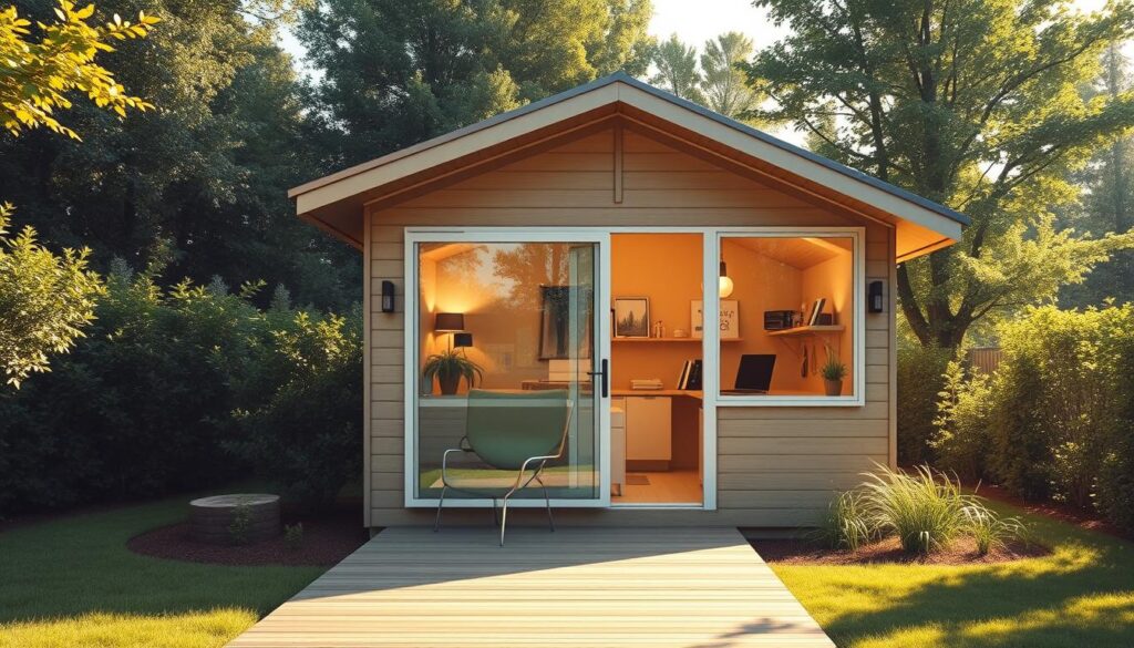 A well-crafted and visually appealing office shed with a modern, minimalist design. Set against a backdrop of lush greenery, the shed features clean lines, large windows, and a sleek, gabled roof. The interior is bathed in warm, natural light, creating a comfortable and productive work environment. The shed is positioned at an angle, showcasing its unique architectural details. A small deck in the foreground invites you to step outside and enjoy the tranquil surroundings. Subtle shadows and a slightly hazy atmosphere contribute to the serene and inspirational mood. A perfect illustration for a step-by-step guide on DIY shed construction.