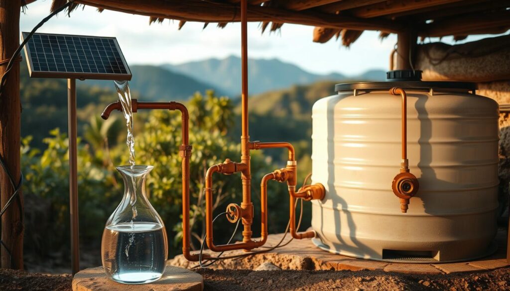 A well-designed off-grid water system, featuring a solar-powered pump drawing from a natural spring, channeling water through a series of filters and into a large storage tank. In the foreground, a clear glass carafe stands, ready to dispense the fresh, clean water. The middle ground showcases the integrated plumbing, with copper pipes and valves seamlessly blending into the natural landscape. In the background, lush greenery and a distant mountain range create a serene, self-sufficient atmosphere. Warm, diffused lighting illuminates the scene, emphasizing the system's harmony with the surrounding environment.