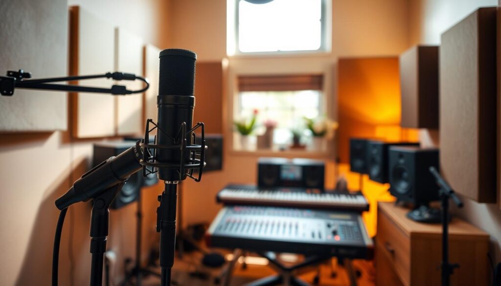 A well-equipped home vocal recording studio, bathed in warm, ambient lighting. In the foreground, a high-quality condenser microphone on a sturdy stand, positioned for optimal sound capture. In the middle ground, a sleek audio interface and mixing console, the tools of the trade. Behind, sound-absorbing panels line the walls, creating a controlled, acoustically-treated environment. Subtle, tasteful décor adds to the professional, yet inviting atmosphere. Natural light filters in through a window, complementing the artificial illumination. The entire scene conveys a sense of focus, inspiration, and the possibility of capturing exceptional vocal performances, without the need for a cramped closet.